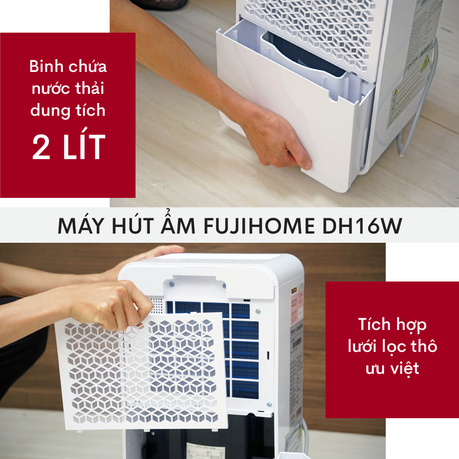 Máy hút ẩm lọc không khí 40m2 Fujihome DH16W, 16 Lít/ ngày, kết nối Wifi điều khiển qua App, đèn cảm biến chất lượng độ ẩm- Hàng chính hãng