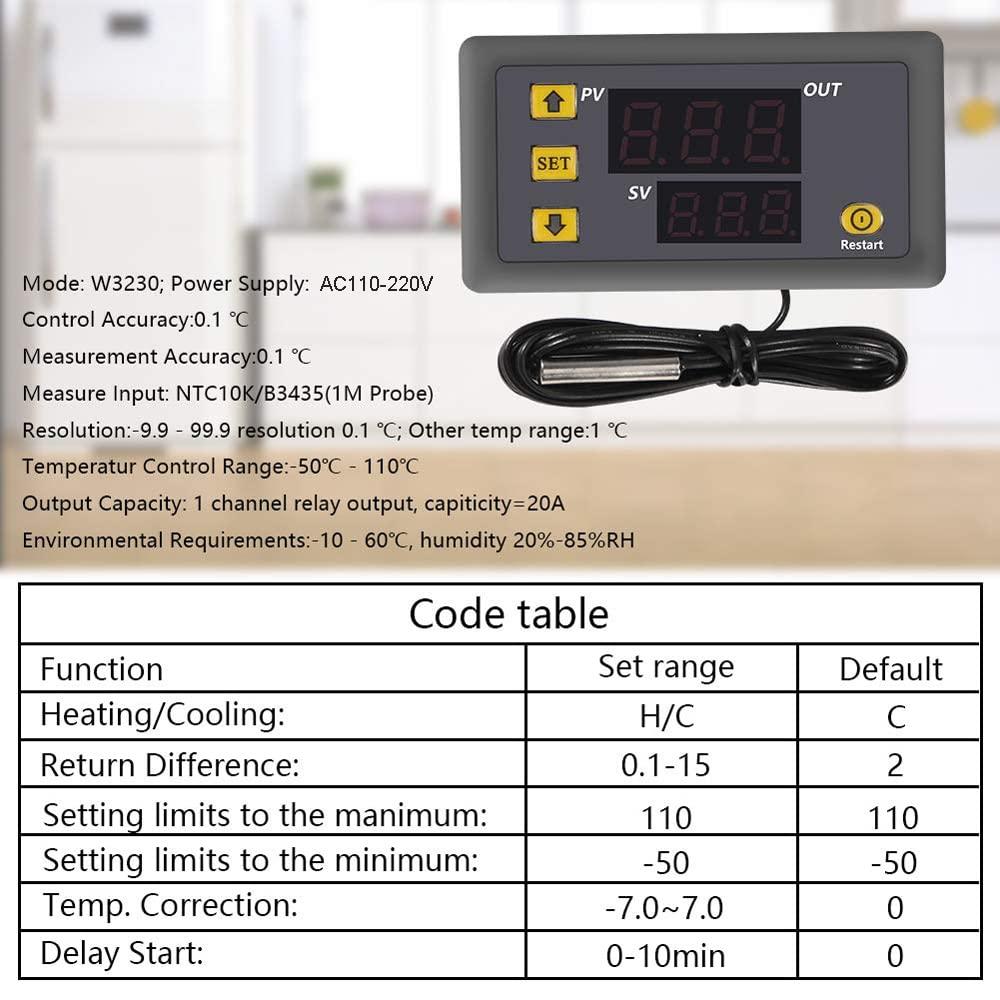 1 Phần W3230 AC 110V-220V Bộ điều chỉnh nhiệt độ kỹ thuật số, Công tắc điều khiển nhiệt với màn hình kỹ thuật số 20A với đầu dò cảm biến NTC 10K