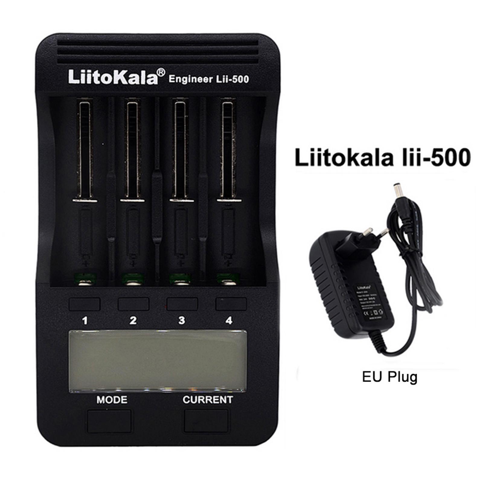 Bộ sạc pin thông minh LiitoKala Lii-500 có 4 khe cắm pin Màn hình LCD cho Ni-MH Ni-Cd Li-ion - Đen - Phích cắm của Vương quốc Anh