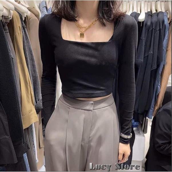 Áo Croptop Cổ Vuông Tay Dài Croptop Dài Tay