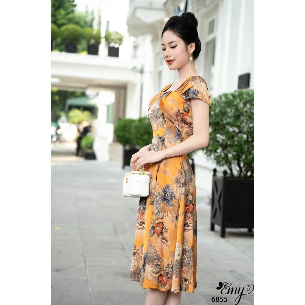 Đầm EMY EM6855 Xoè Cổ Vuông Tay Xếp Ply