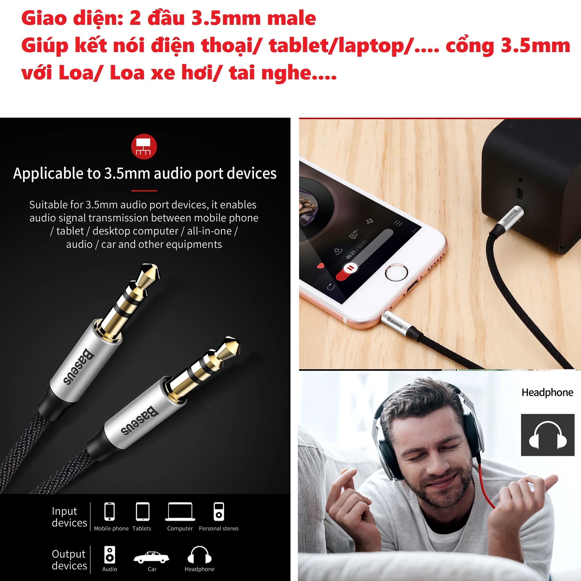 Dây cáp âm thanh 2 đầu 3.5mm Baseus Yiven Audio Cable M30 - Hàng chính hãng