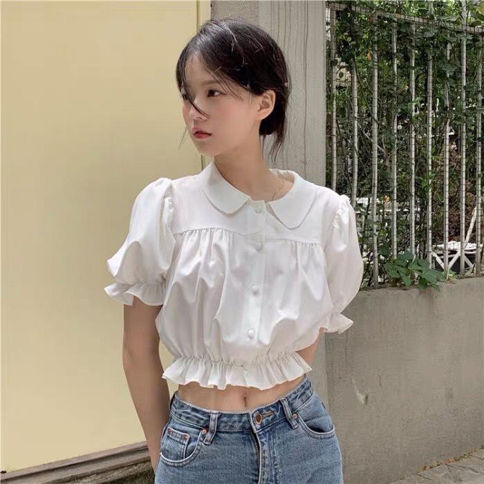 Áo Sơ Mi Cộc Tay Dáng Ngắn Viền Bèo Cổ Sen