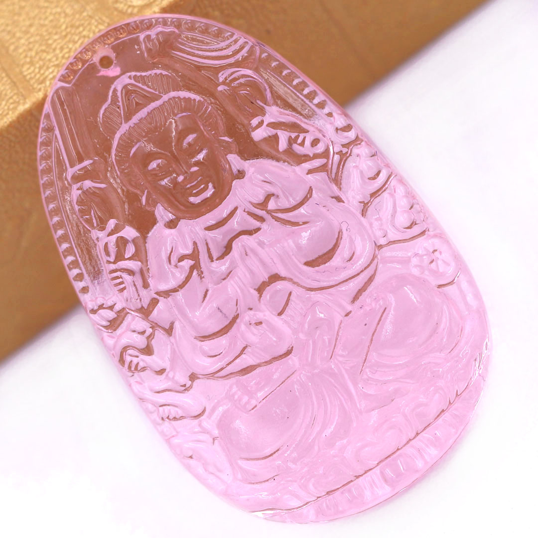 Mặt Phật Thiên thủ thiên nhãn pha lê hồng 3.6 cm kèm móc và vòng cổ dây cao su đen, Mặt Phật bản mệnh, Quan âm nghìn tay nghìn mắt