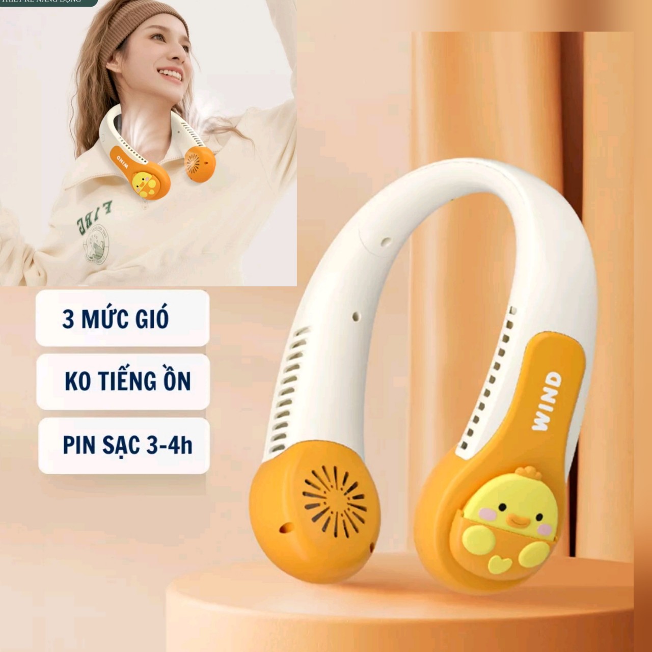 Quạt Mini 3 Tốc Độ WIND 3D- Quạt Đeo Cổ USB Mini Tích Điện Không Cánh Tiện Lợi, Thời Trang Không Cuốn Tóc Loại Tốt