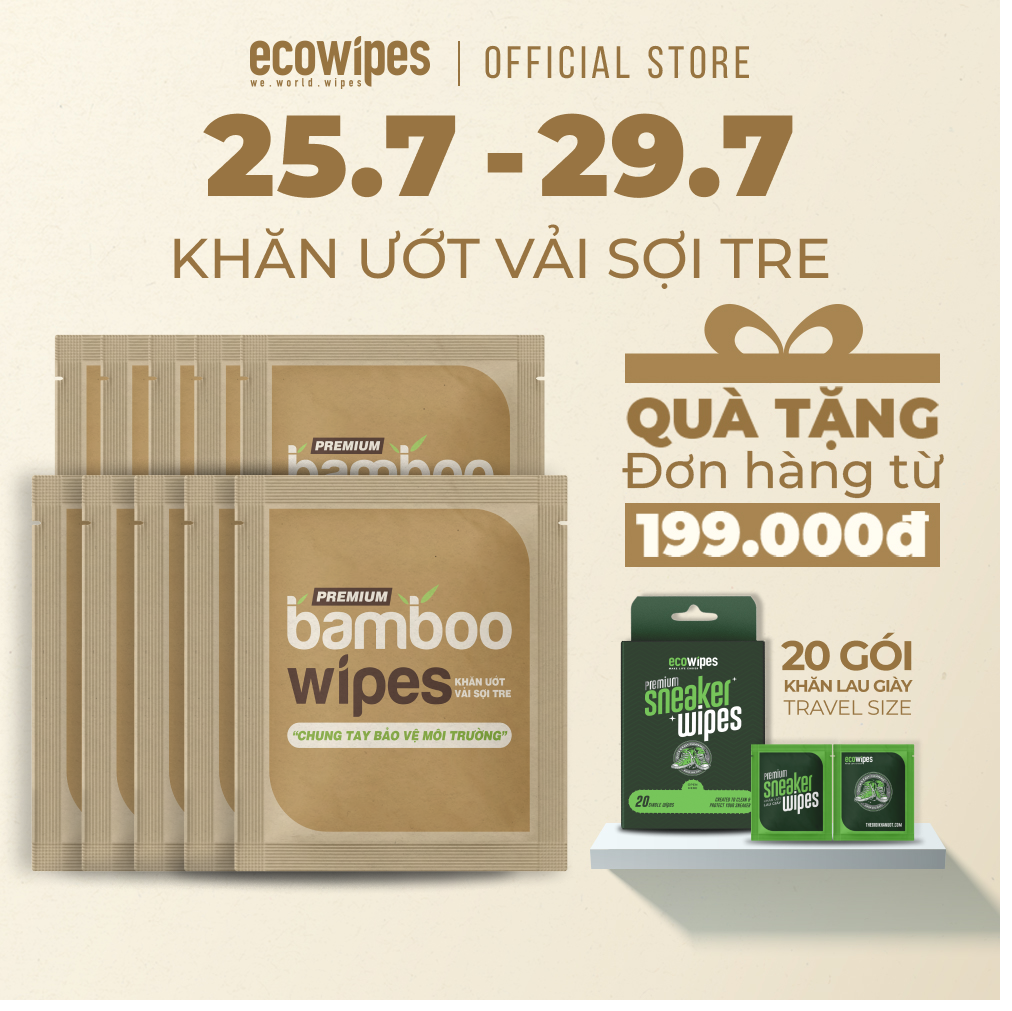 Combo 10 gói khăn giấy ướt cao cấp EcoBamboo Travel size Premium gói 1 tờ vải tre sinh thái không mùi có thể phân hủy