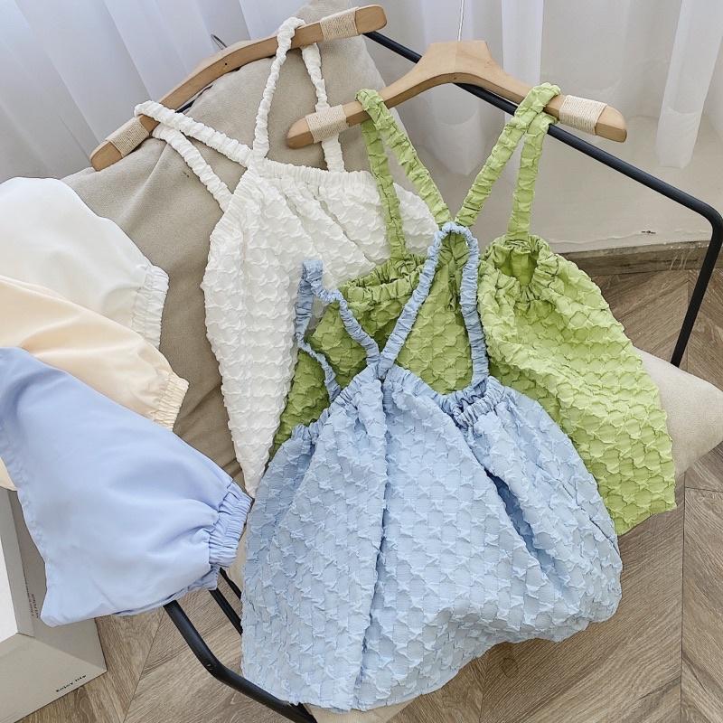 Set áo 2 dây dáng xoè chất xốp nổi phối quần short