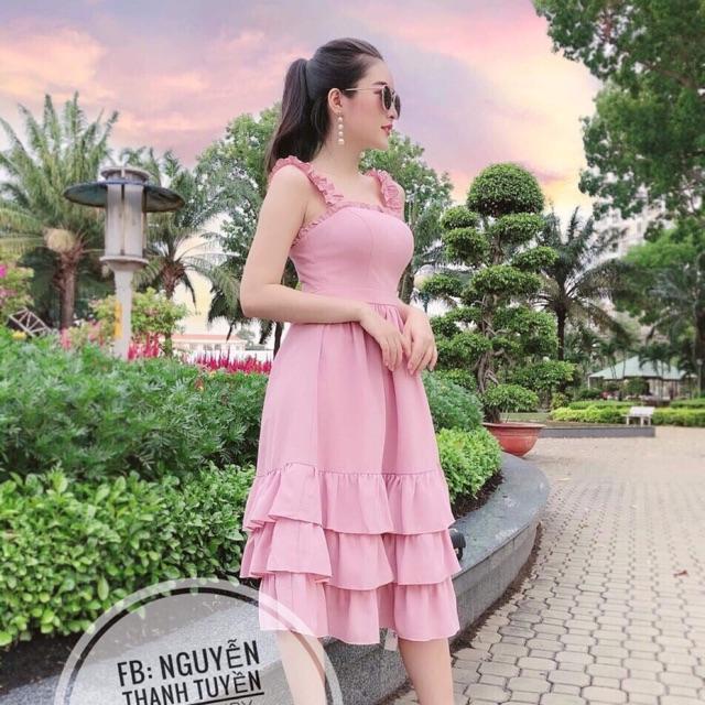 BB144 Đầm hai dây chun vai xếp ly 3 tầng