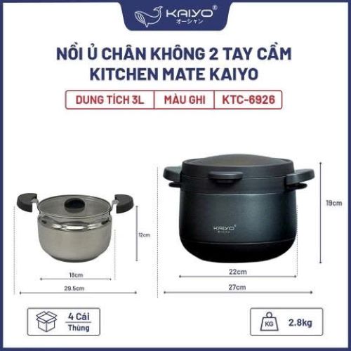 Nồi ủ chân không 2 tay cầm Kitchen Mate Kaiyo, dung tích 3L, màu ghi [mã KTC-6926] Hàng chính hãng
