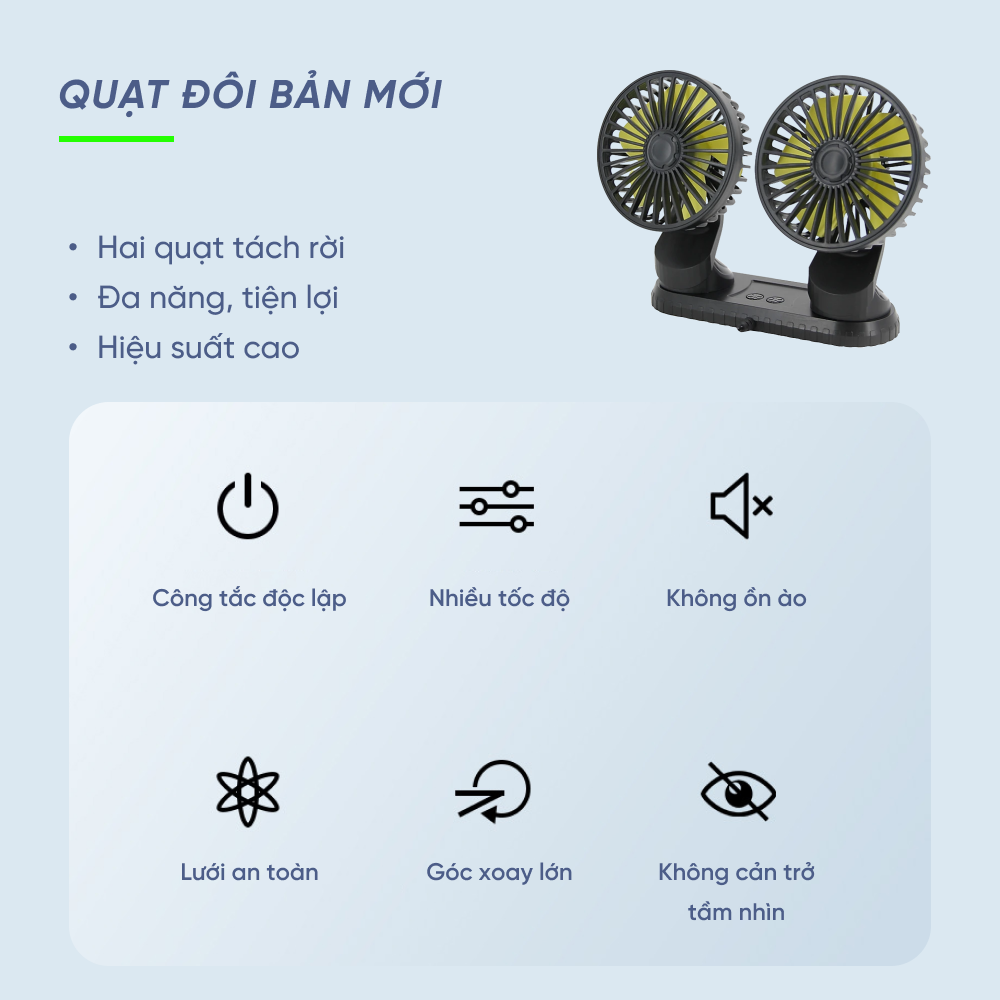 Quạt Đôi Mini Đầu Cắm USB Để Ô Tô, Bàn Làm Việc Siêu Mạnh Không Gây Ồn