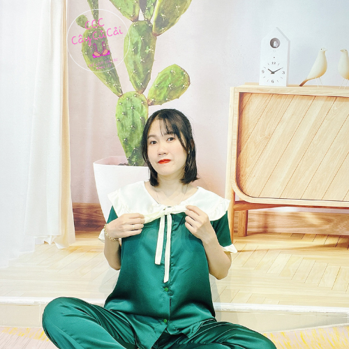 Bộ đồ ngủ pyjama cộc tay quần dài cố phối nơ, bộ pijama chất liệu phi lụa thấm hút mồ hôi CCC24