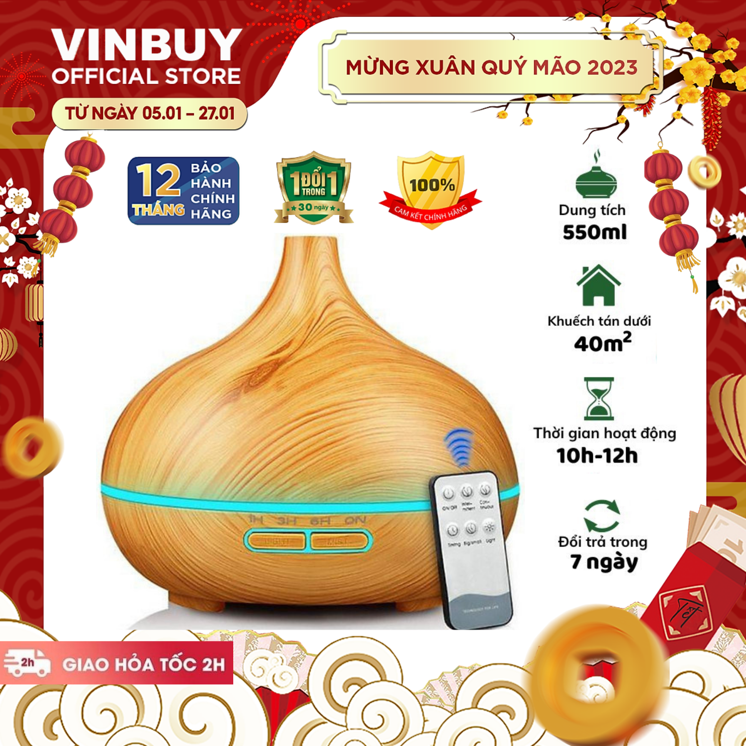Máy Xông Tinh Dầu Cao Cấp Bầu Tiên - Máy Khuếch Tán Tinh Dầu Spa Sang Trọng Siêu Âm 550ml - Tặng Kèm Điều Khiển Từ Xa - Giúp Khuếch Tán Tỏa Hương Thơm Phòng - Hàng Chĩnh Hãng - VinBuy