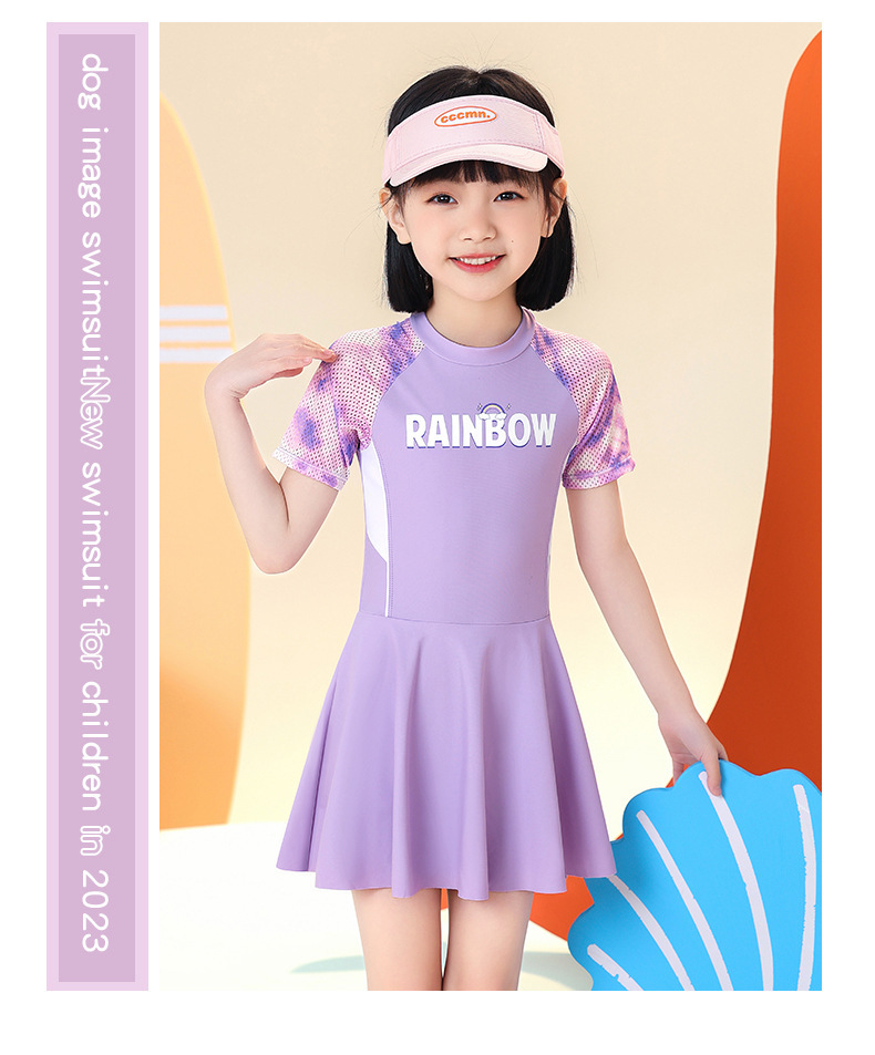 Đồ bơi bé gái liền thân size đại 2-10 tuổi chữ RAINBOW kiểu chân váy hàng YLIKE cao cấp vải co giãn cực tốt