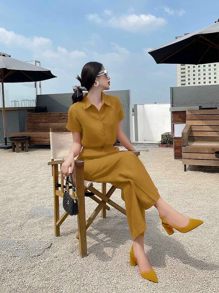 Sét nguyên bộ quần dài lưng thun áo sơ mi tay ngắn trẻ trung sang trọng