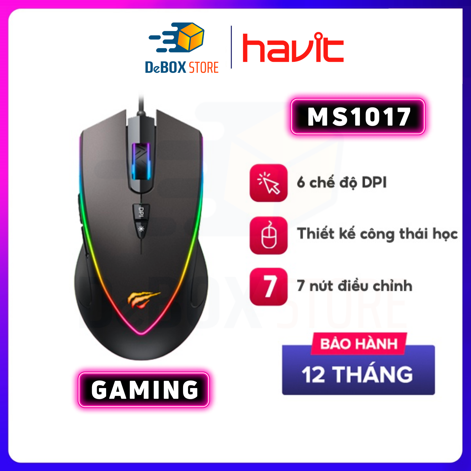 Chuột Có Dây HAVIT MS1017 RGB Blacklit, 6 Chế Độ DPI + 7 Nút Điều Chỉnh, Tuổi Thọ 5 Triệu Lần Nhấn - Hàng Chính Hãng