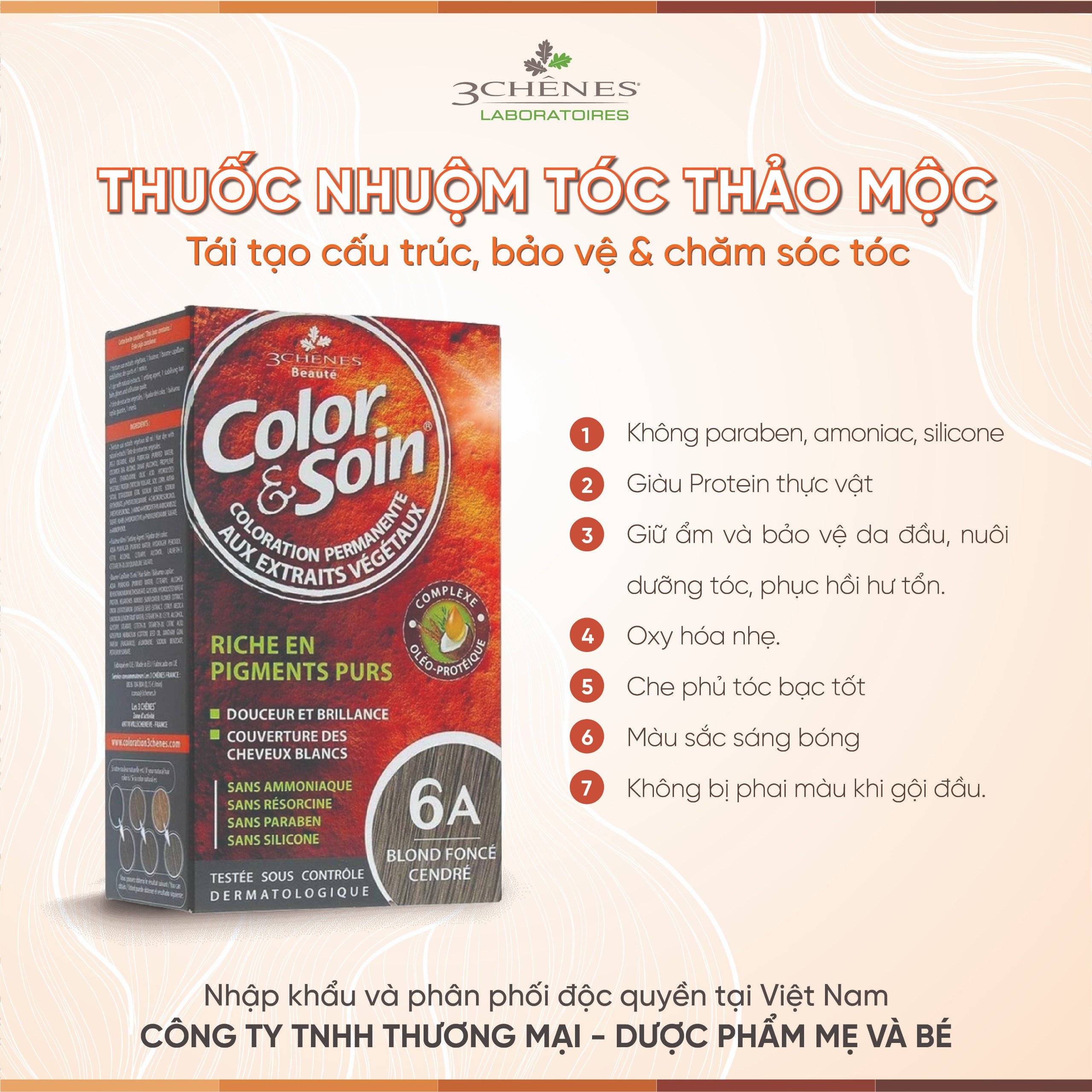 Thuốc Nhuộm Tóc Phủ Bạc 3 CHENES COLOR&amp;SOIN DARK ASH BLOND 6A_MÀU NÂU KHÓI TRẦM_Thảo dược Tự nhiên, An toàn không chứa Amoniac [Nhập khẩu Pháp]