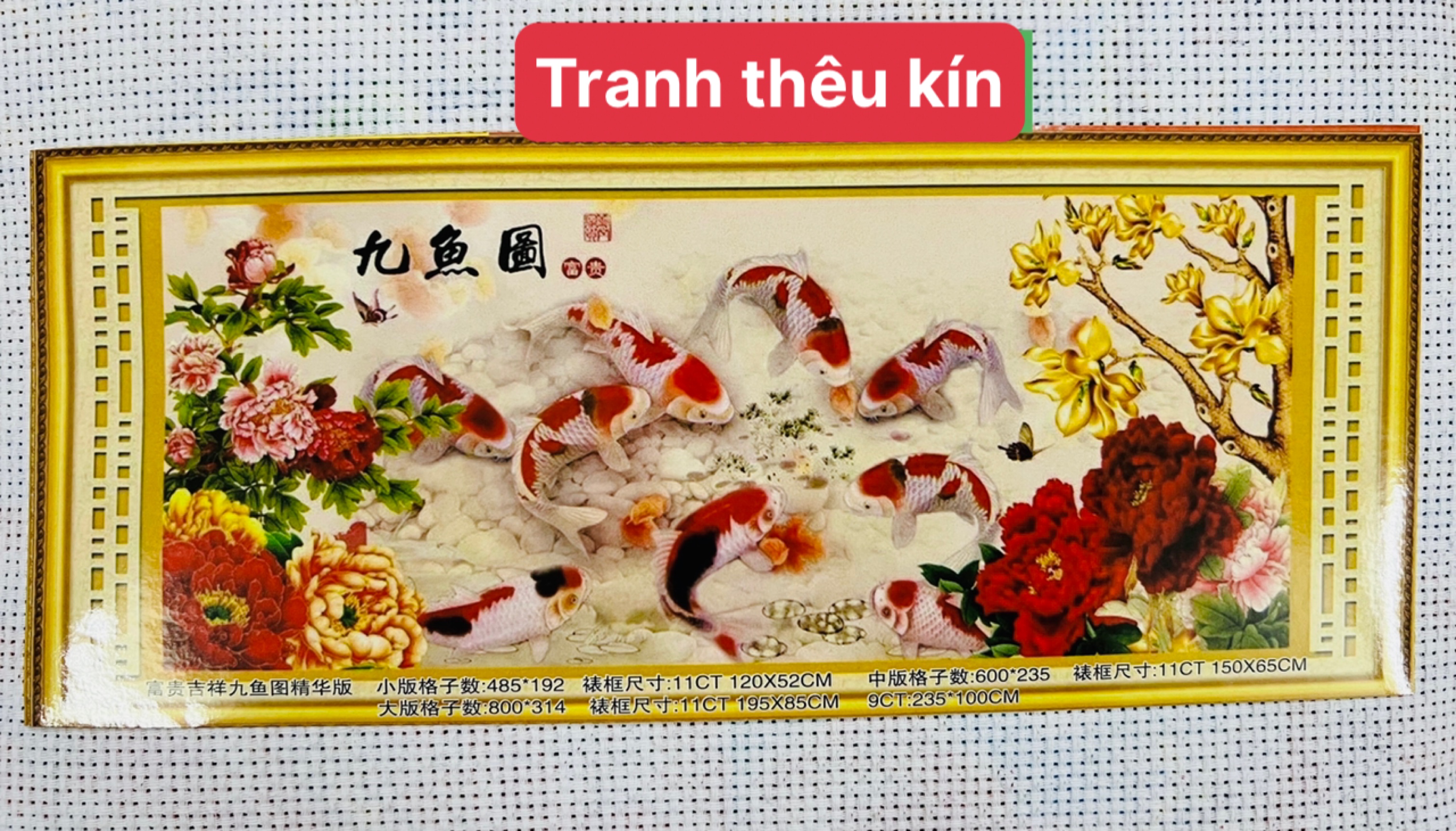 Tranh thêu chữ thập Cửu ngư  - tranh thêu kín kích thước 120 x 52 cm