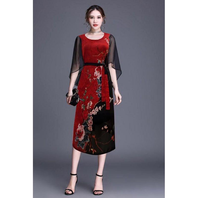 ĐẦM SUÔNG TAY CÁNH TIÊN IN HOA CỘT EO