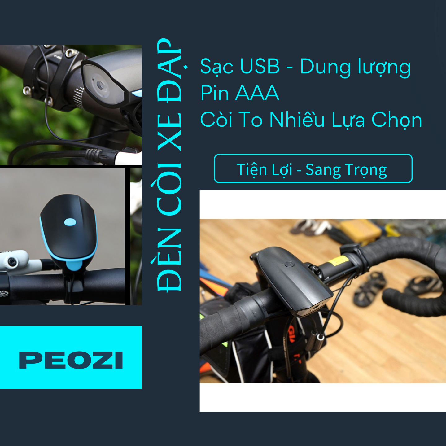 Đèn xe đạp - Đèn Pha xe đạp sử dụng pin AAA - Còi To - Chống Nước - Dễ dàng thay pin không cần chờ sạc - Pin Xanh Dương