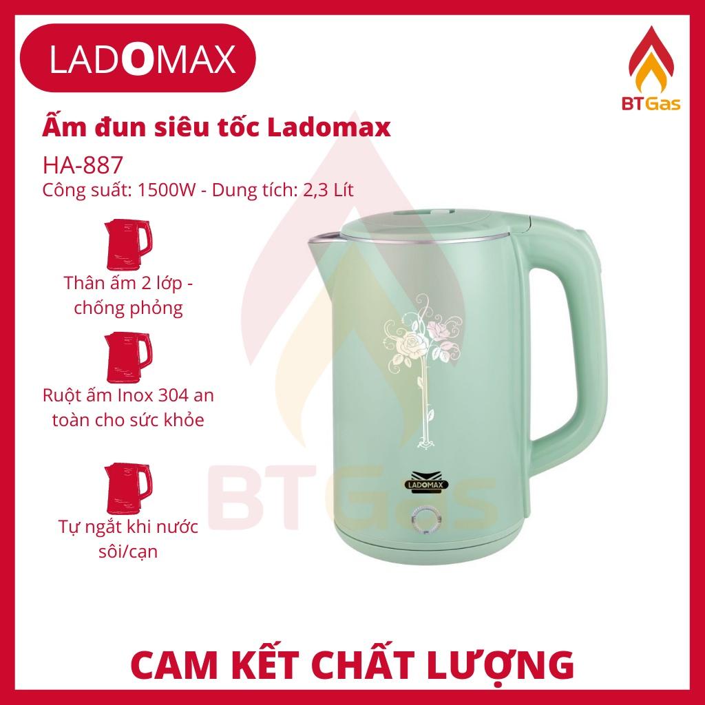 Bình đun siêu tốc 2 lớp chống phỏng dung tích 2.3 Lít, ấm siêu tốc đun nước siêu nhanh Inox Ladomax HA-887 - Hàng chính hãng