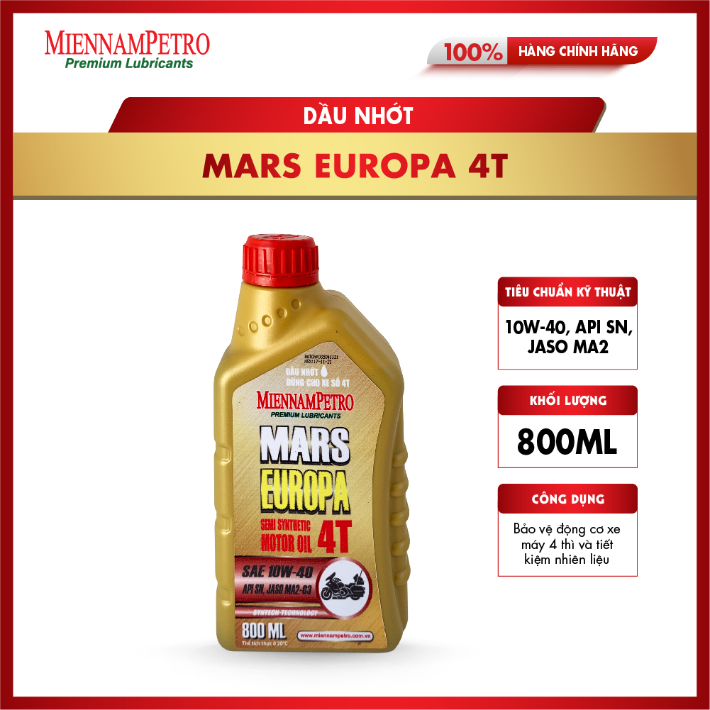 Dầu Nhớt MiennamPetro Mars Europa 4T 10W-40 API SN JASO MA2 800ml Bảo Vệ Động Cơ Xe Máy 4 Thì Và Tiết Kiệm Nhiên Liệu