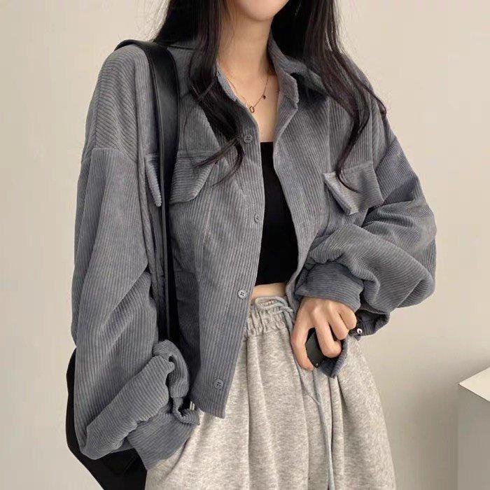 Áo Sơ Mi Nhung Tăm Hàn Quốc Nữ Tay Bồng Dáng Lỡ 3 Màu Siêu Xinh