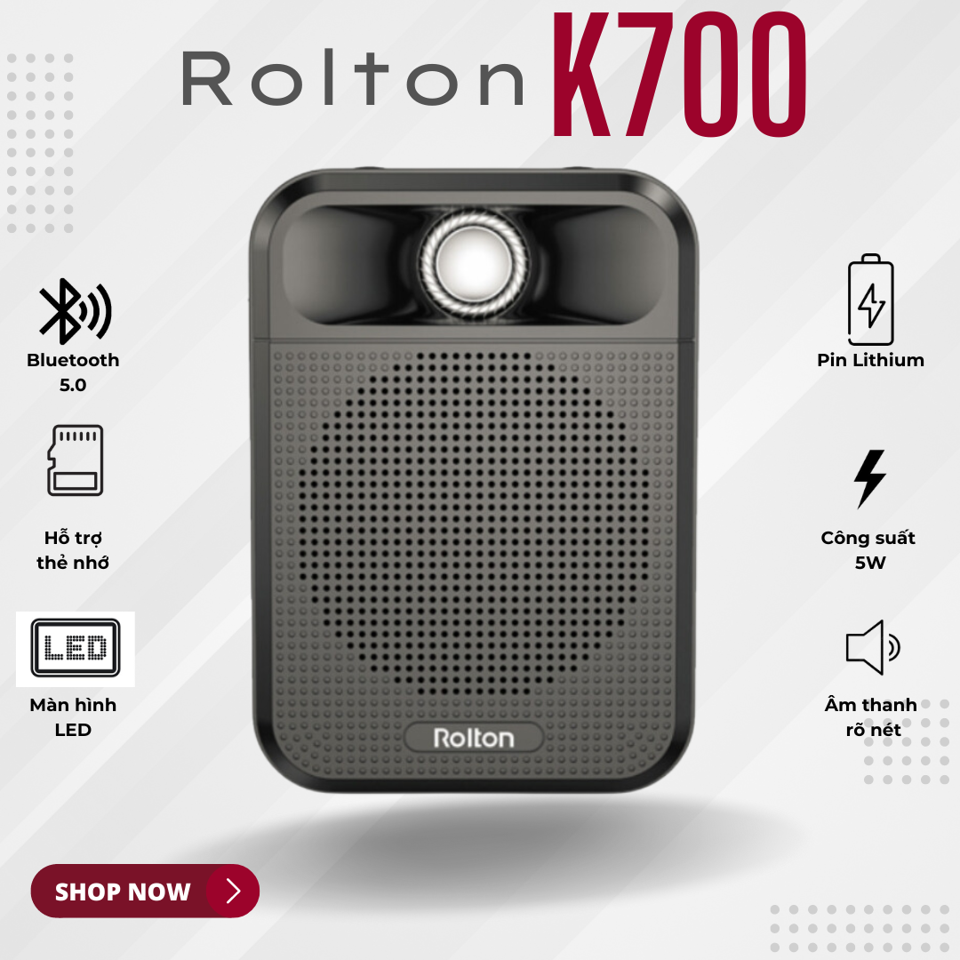 Loa trợ giảng ROLTON K700 – Công suất 5W, Tần số rộng, Kết nối đa dạng Bluetooth 5.0 Thẻ nhớ microSD FM, Pinlithum dung lượng lớn, Sạc nhanh, Âm thanh chuyên nghiệp, Thiết kế nhỏ gọn, Giảng dạy, Hướng dẫn viên, Bán hàng, Hội thảo - Hàng nhập khẩu