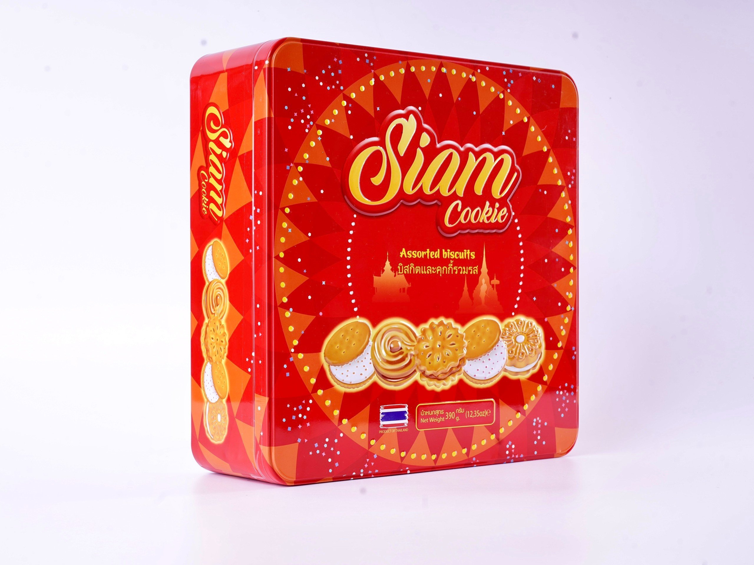 Bánh quy Siam mix các vị 390g hộp sắt vuông - màu đỏ 