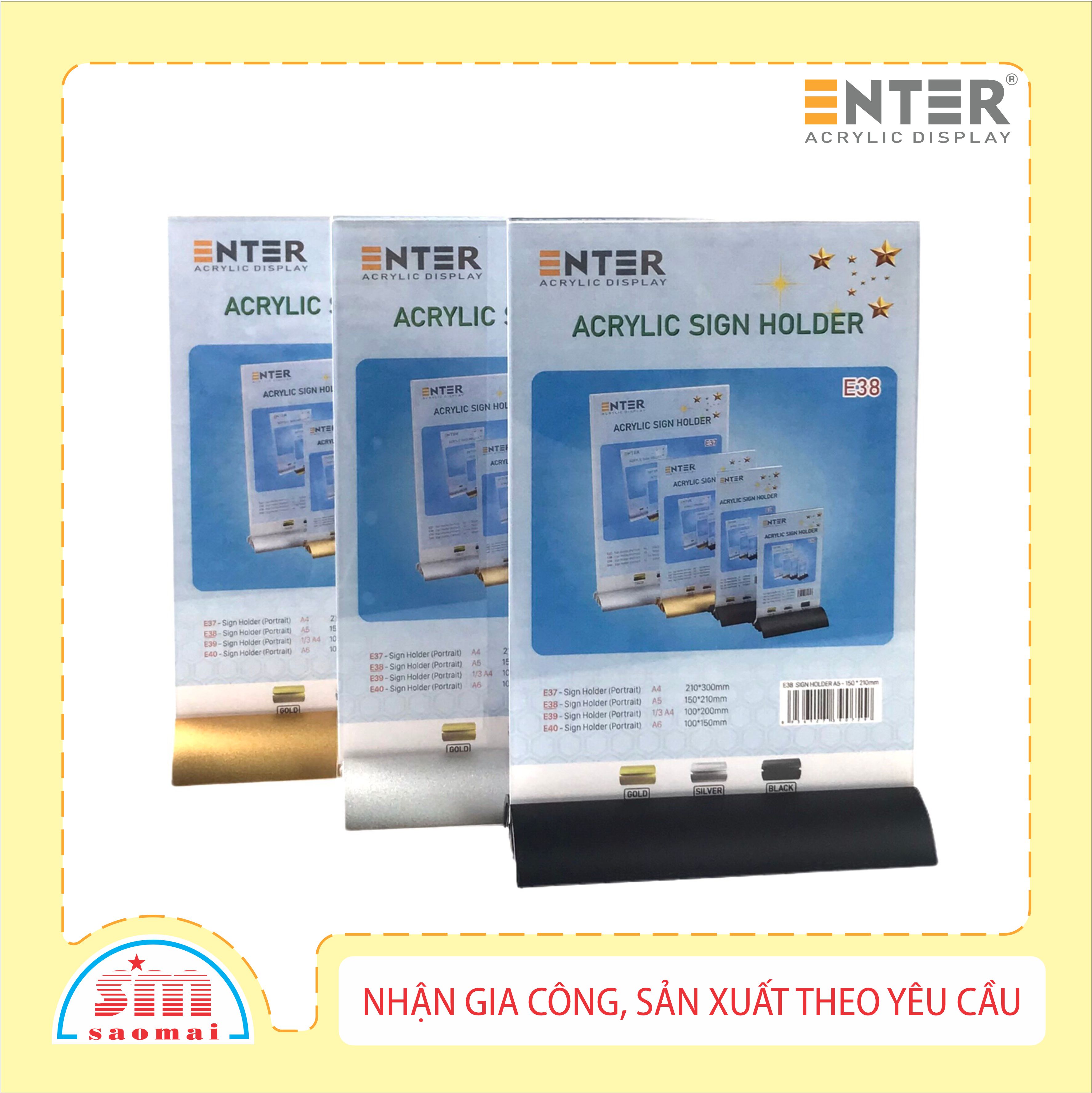 Kệ menu nhà hàng, Standee mica để bàn, Bảng quét mã QR Code, Kệ mica 2 mặt Enter E38 150x210mm đế nhôm cao cấp A5