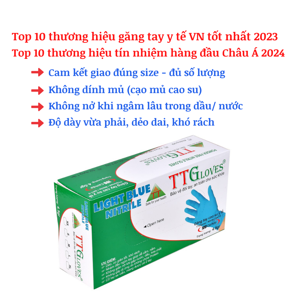 Găng Tay Cao Su Y Tế Size S Không Bột Nitrile TTGLOVES Màu Xanh Nhạt (100 Chiếc)