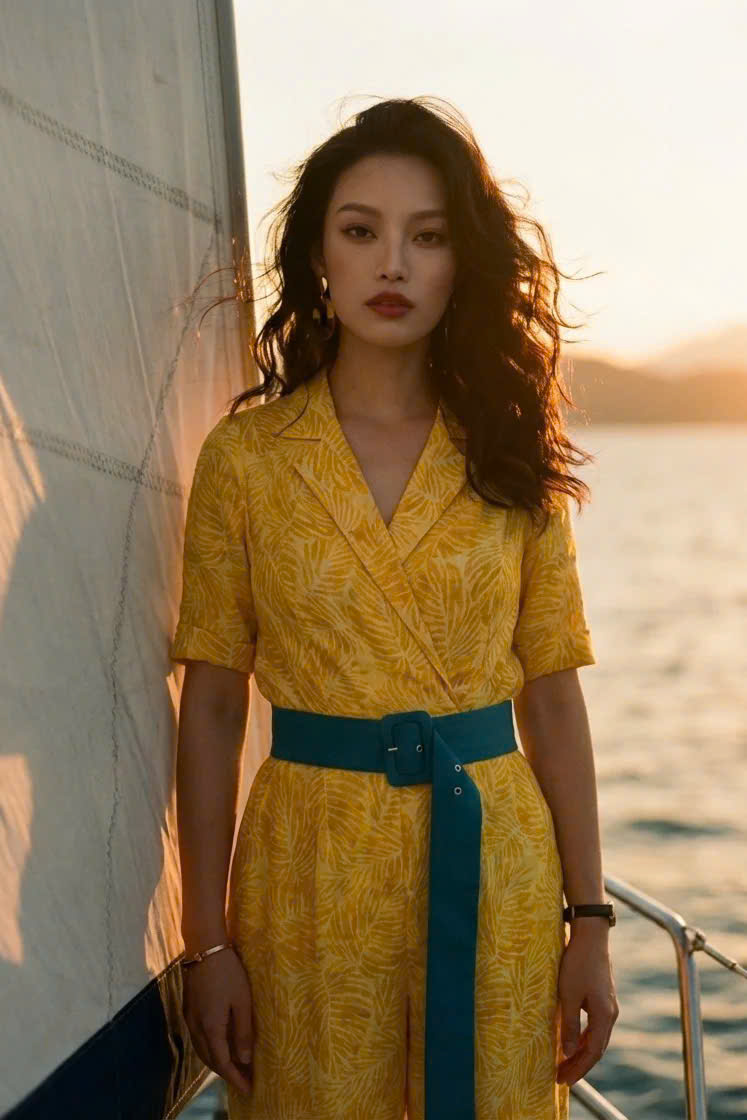 Đồ Bay Jumpsuits Linen Vàng Họa Tiết Lá Kim Diệp DRE239 thời trang thiết kế Hity