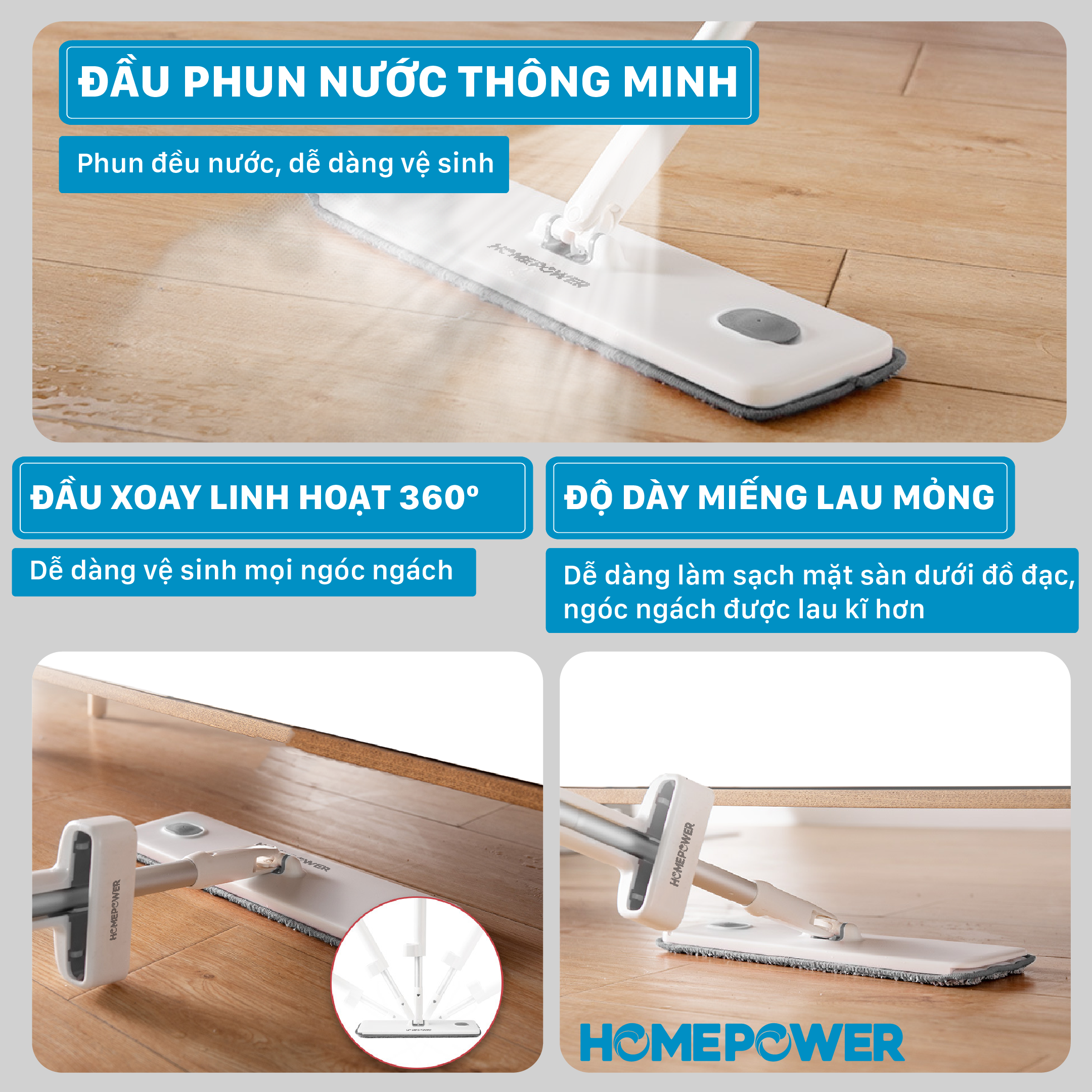 Cây lau nhà Phun nước + Tự vắt 2 trong 1 HOMEPOWER CS-02, Chất liệu nhôm cao cấp, thiết kế sang trọng hiện đại