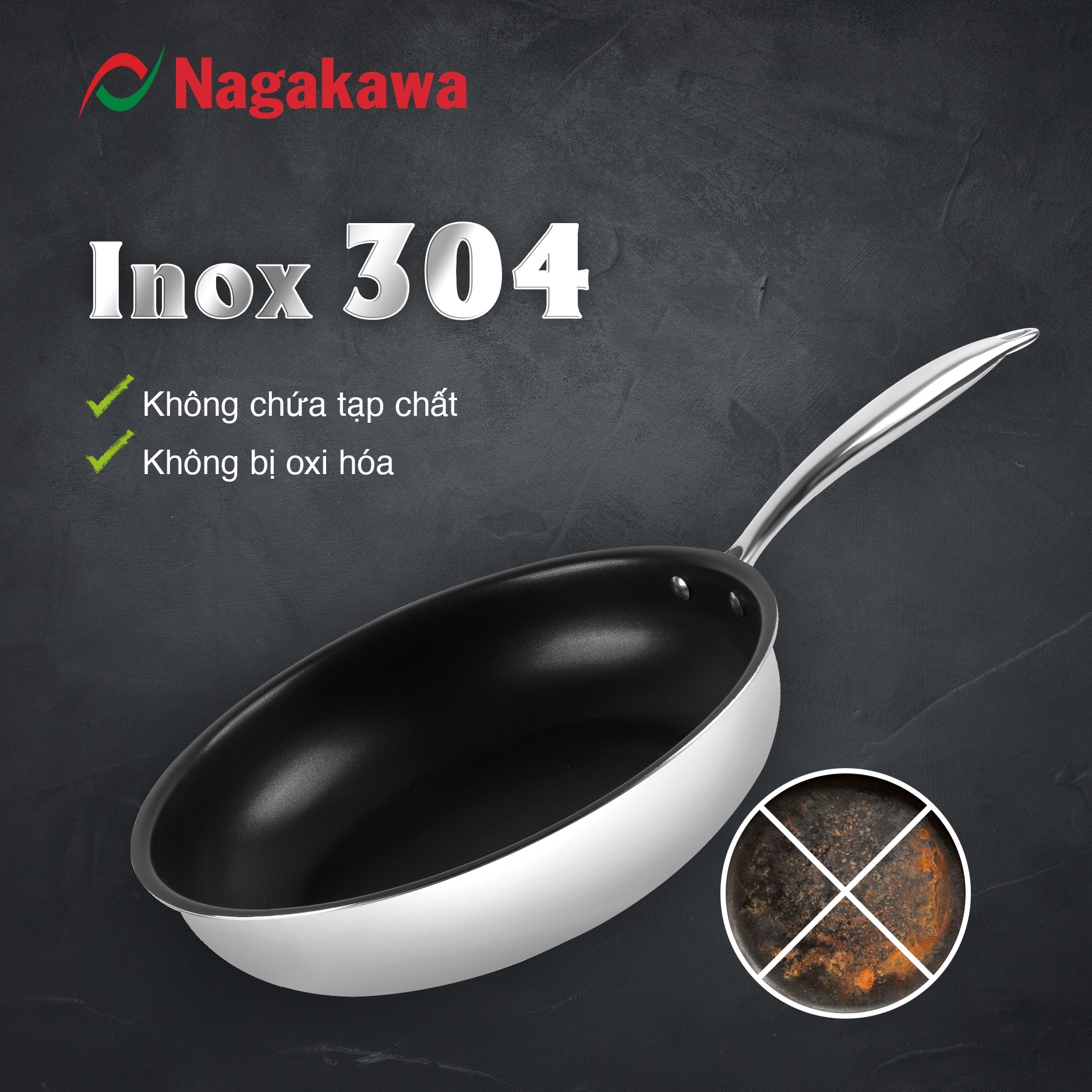 Chảo chống dính inox đa lớp toàn phần Nagakawa Haru NAG3002 - Dùng trên mọi loại bếp (30cm) - Hàng chính hãng