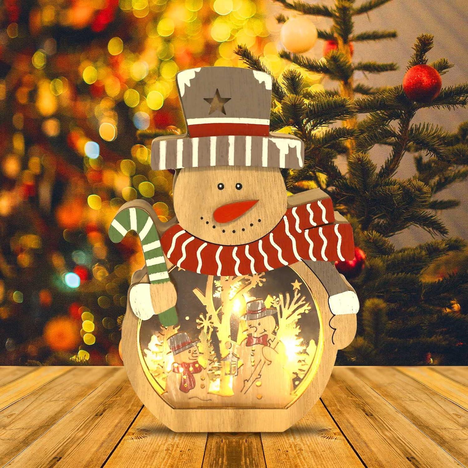Đồ trang trí Giáng sinh Ông già Noel Đèn LED Trung tâm Giáng sinh Trang trí bàn Đồ trang trí người tuyết bằng gỗ có đèn Led để trang trí tiệc