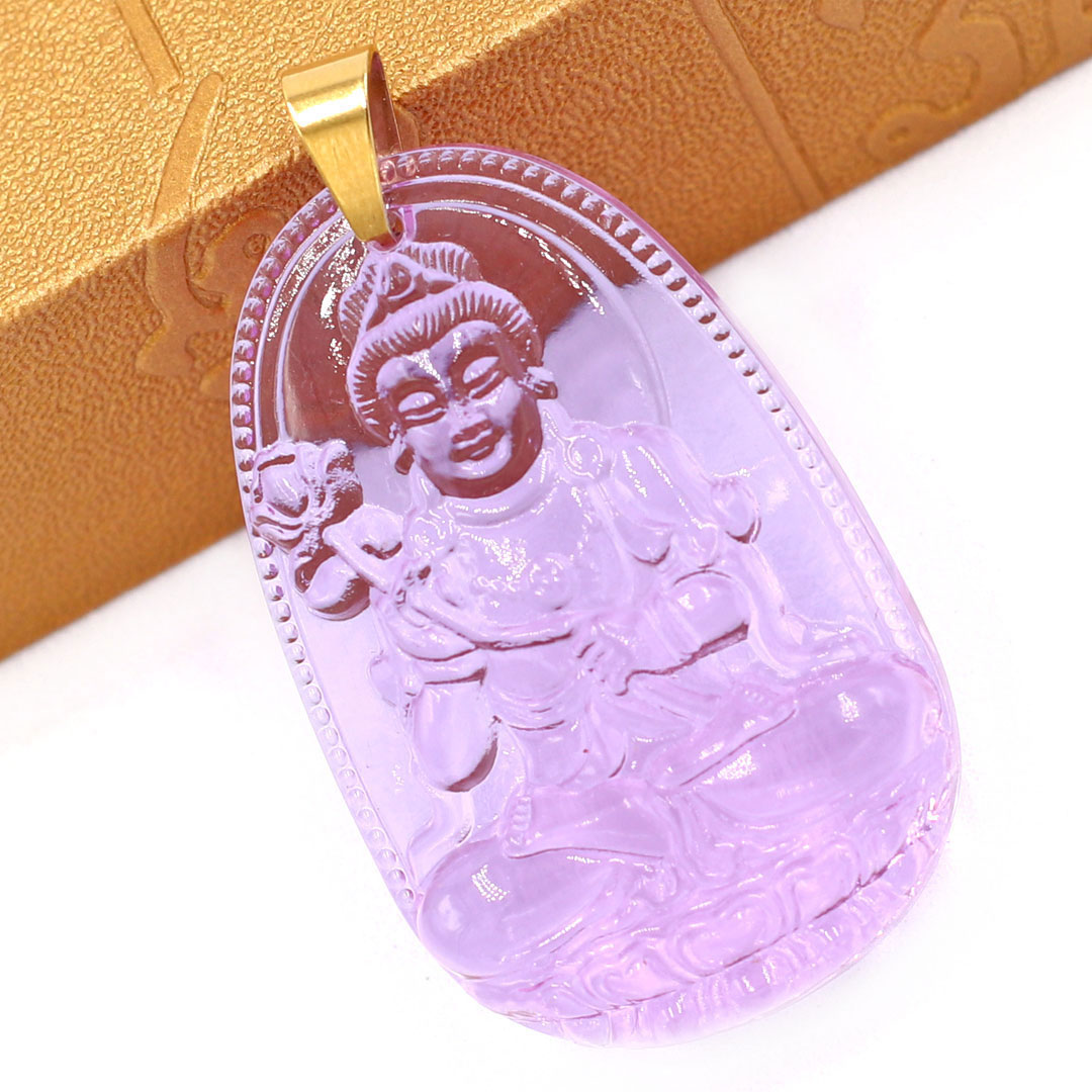 Mặt dây chuyền Đại Thế Chí Bồ Tát pha lê tím 5cm - phật bản mệnh tuổi Ngọ - Móc inox