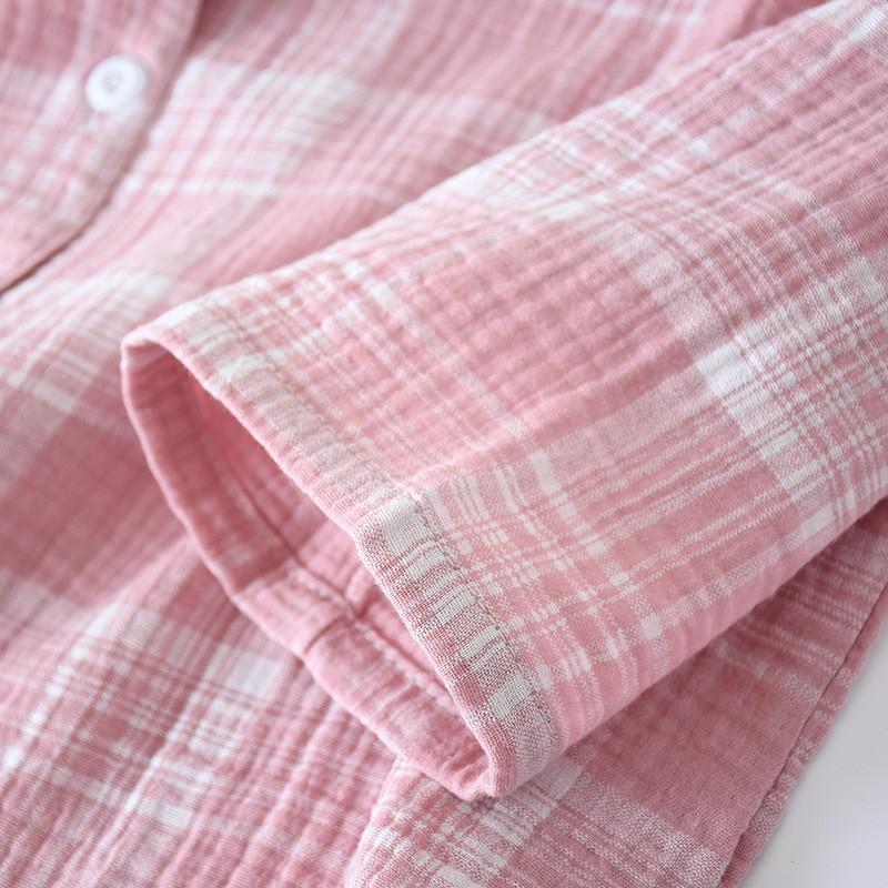Bộ pyjama nữ dài tay mặc nhà vải xô nhật hai lớp mềm nhẹ họa tiết kẻ