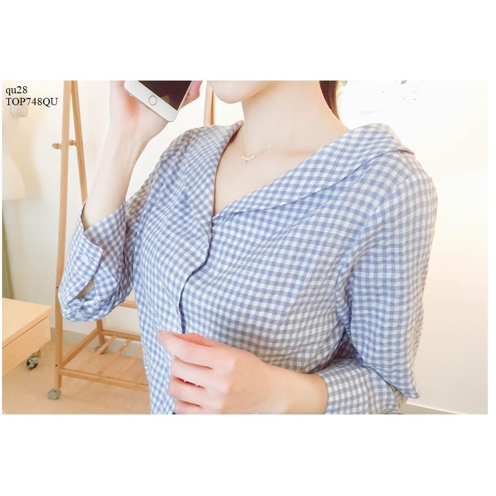 TOP664 ÁO CARO KIỂU CỔ V