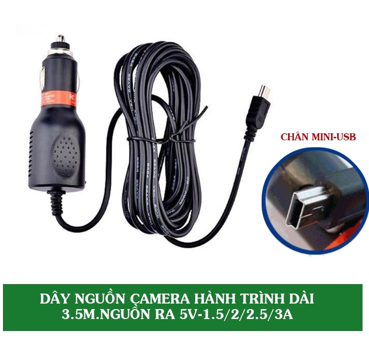 Dây nguồn cho camera hành trình dài 3.5m nguồn vào 12-24V,nguồn ra 5V-1.5A/2A/2.5A/3A