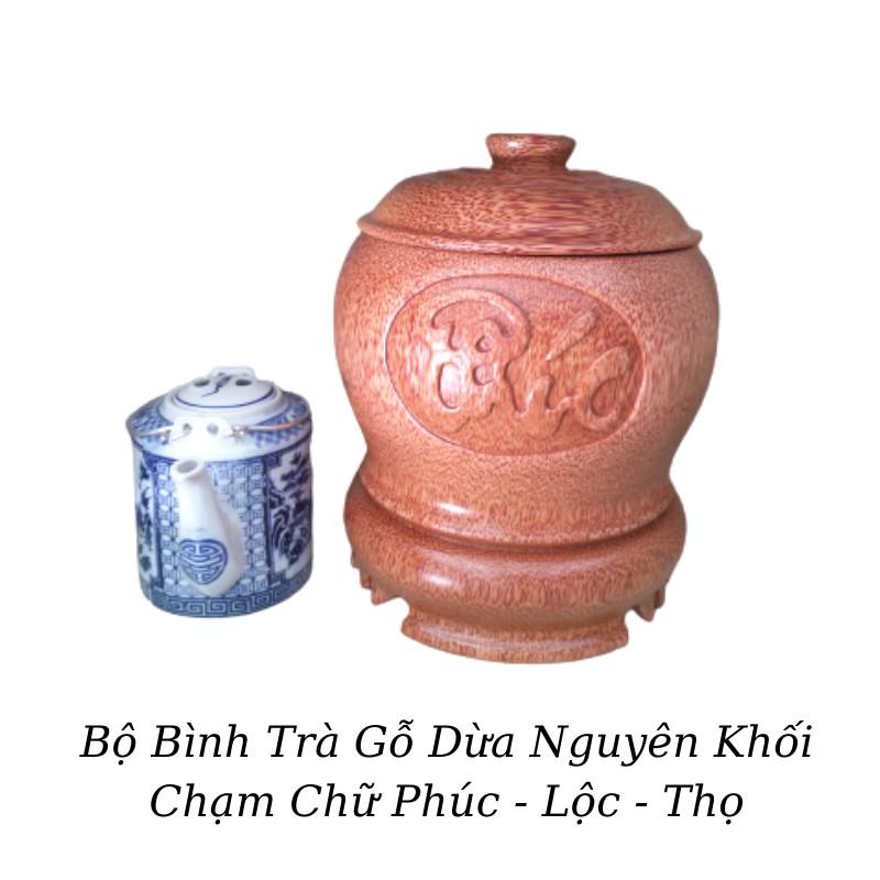 Bộ Bình Trà Gỗ Dừa Nguyên Khối Chân Đế Liền Chạm Tam Đa &quot;Phúc - Lộc - Thọ&quot; - Bình Trà 700 - 1200ml