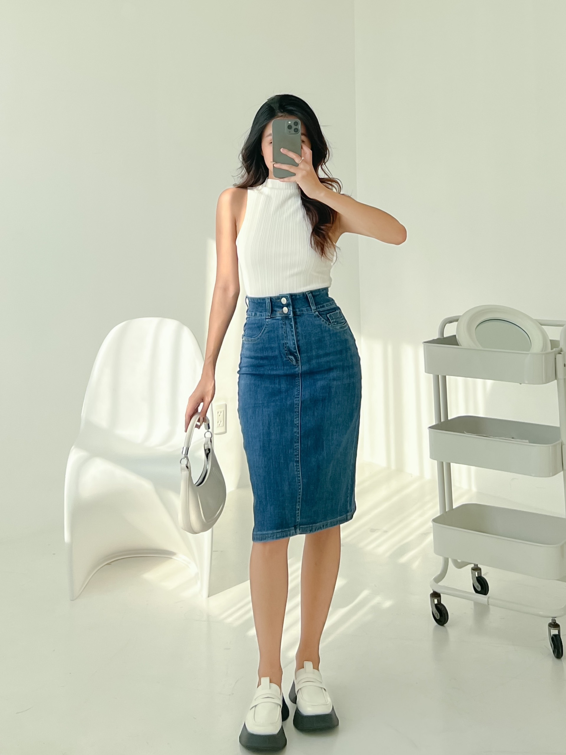 Chân váy jeans dài midi dáng bút chì lưng siêu cao chất jeans co giãn ôm eo tôn dáng mẫu mới HQJeans HQ9042