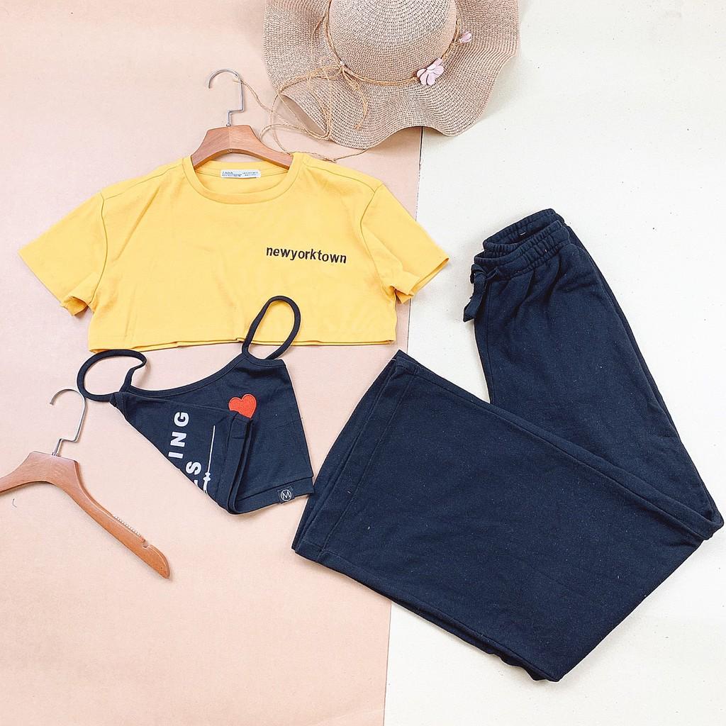 Set Combo Bộ Thun Hở Eo 2 Áo Kép Croptop Và Áo Dây Kèm Quần Da Cá Ống Rộng Hàn Quốc 2021 Siêu Xinh Năng Động