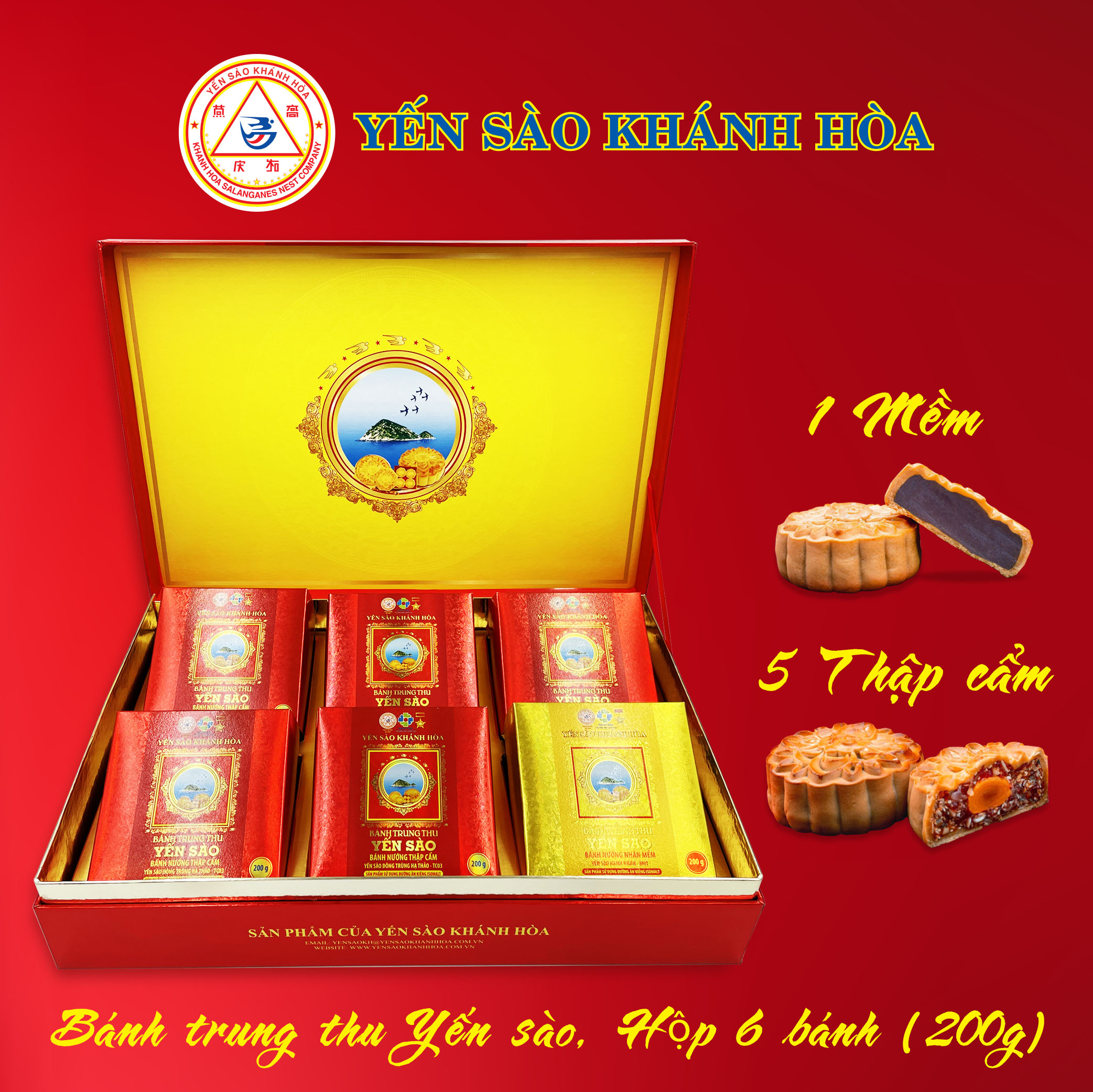 [Hộp 6] Bánh Trung thu Yến sào Khánh Hòa, Bánh nướng nhân mềm và thập cẩm - 200g