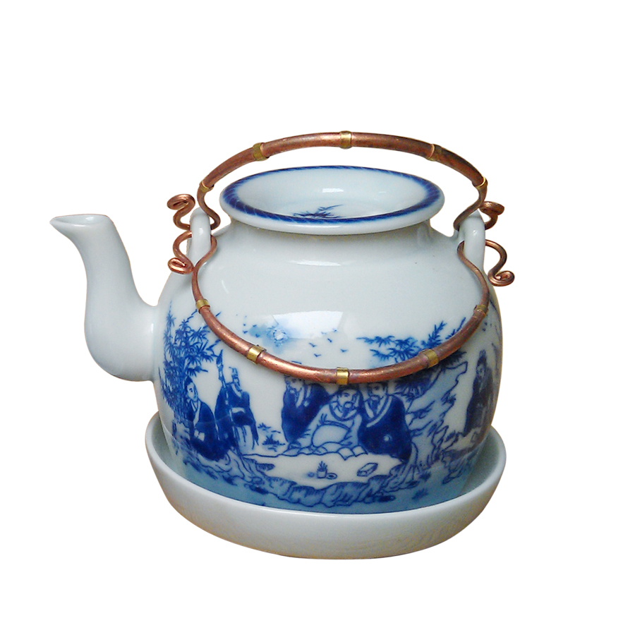 Bộ ấm chén men lam lõm Trúc Lâm Thất Hiền gốm sứ  Bát Tràng (bộ bình uống trà, bộ bình trà)