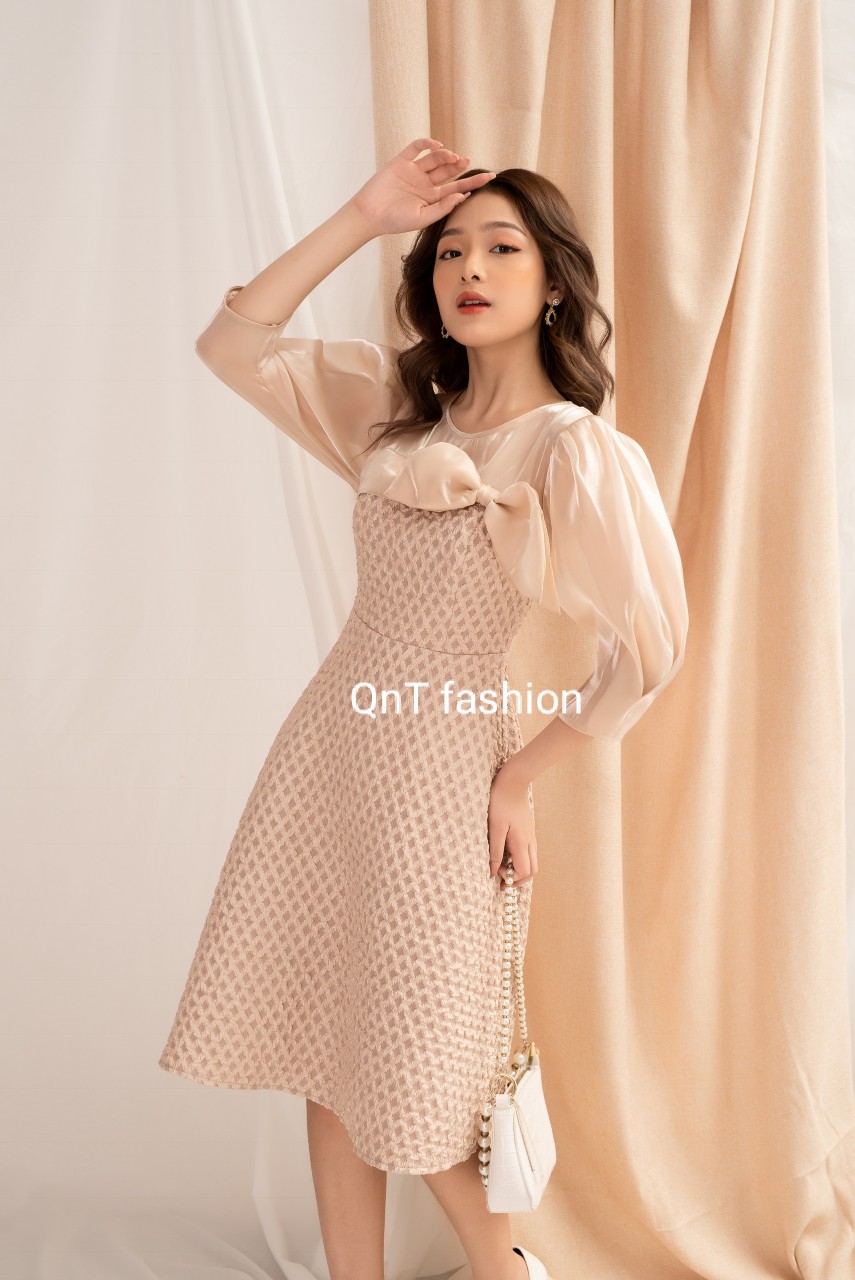 Đầm dự tiệc thiết kế-Đầm xòe cổ tròn phối nơ-Đầm thiết kế dự tiệc phong cách tiểu thư