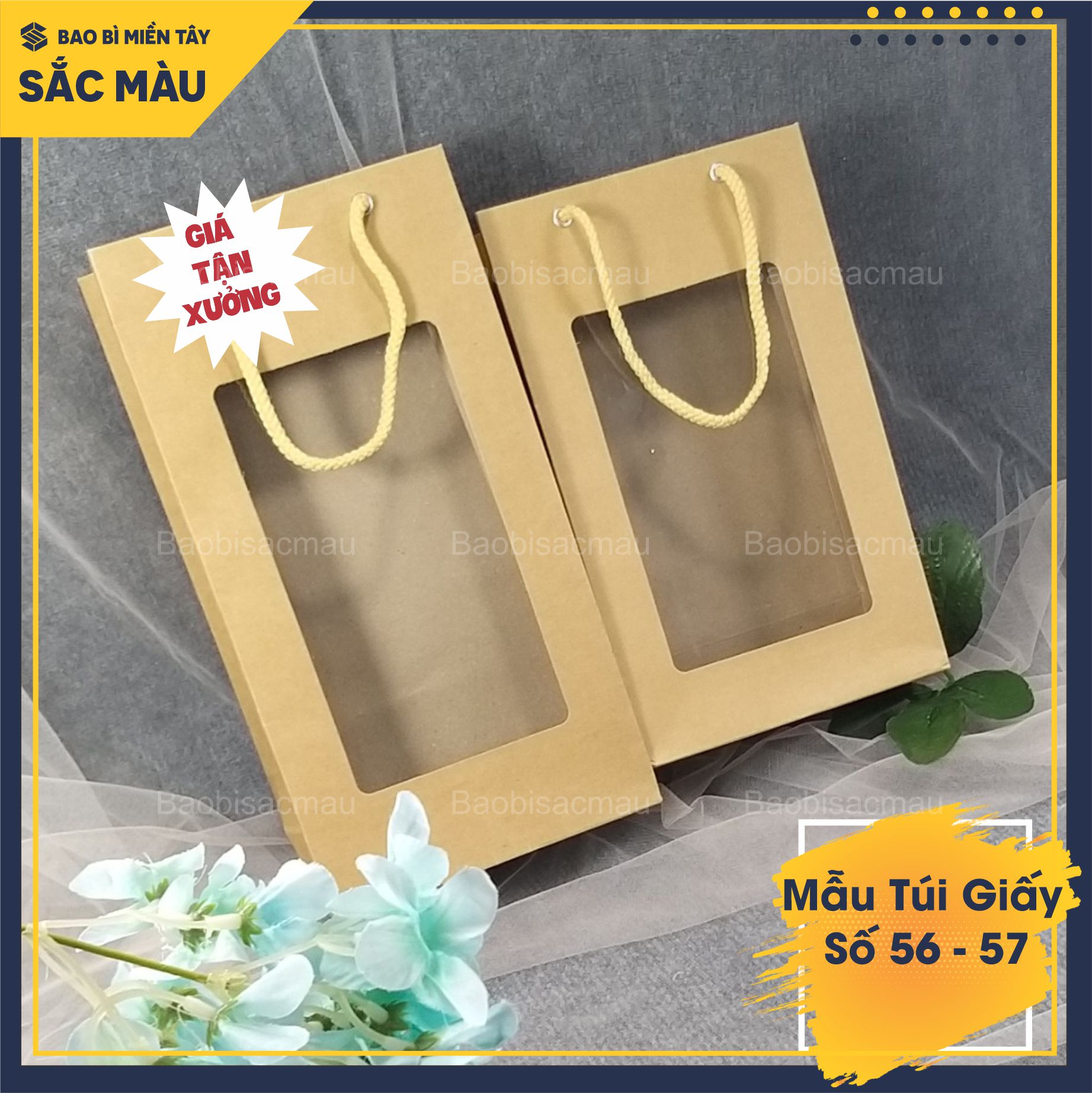 5 Túi giấy mặt kiếng đựng quà biếu tặng, trái cây, chai mật ong, mật nho, hoa sáp, đồ thực phẩm...Túi giấy số 56 - 57