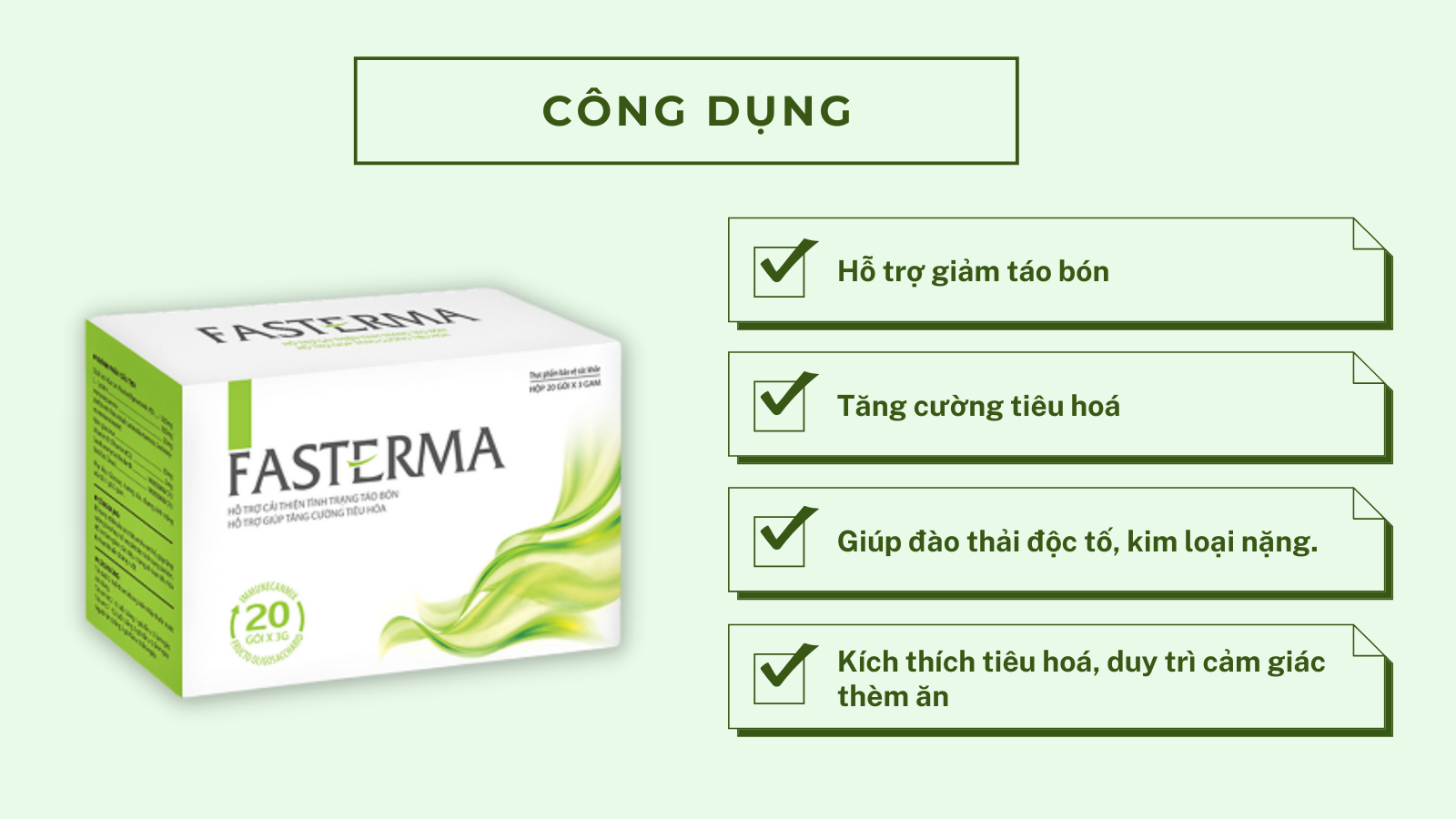 Thực phẩm bảo vệ sức khoẻ Fasterma hỗ trợ giảm táo bón và tăng cường tiêu hoá (Hộp 20 gói)