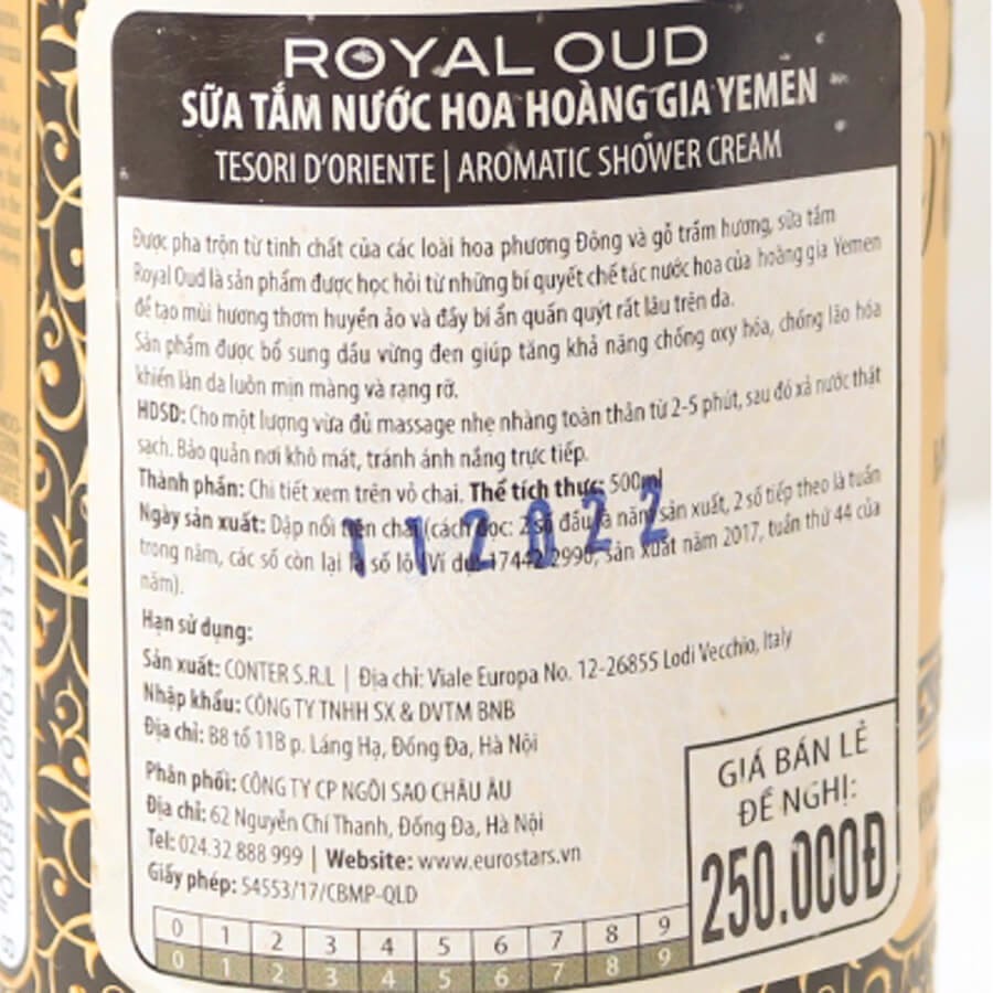 Dầu tắm hoàng gia Tesori d'Oriente Royal Oud Dello 500ml + Móc khóa