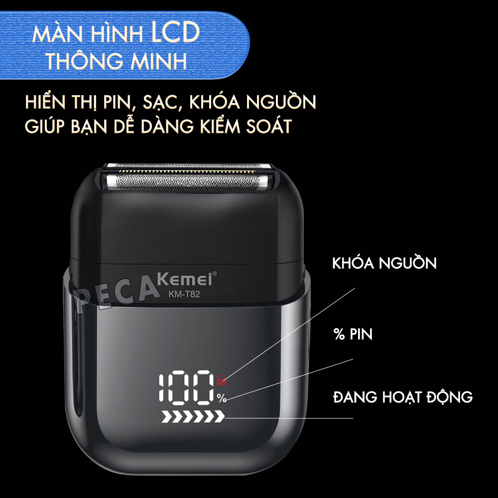 Máy cạo râu mini lưỡi kép Kemei KM-T82 màn hình LCD, công suất 5w mạnh mẽ cảm biến râu thông minh - Hàng chính hãng