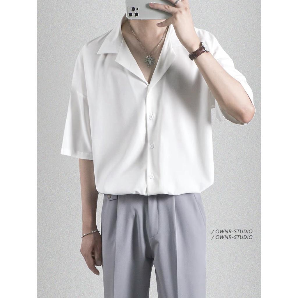 Áo sơ mi cổ Vest trơn tay ngắn nam nữ unisex form rộng tay lỡ basic, chất vải đũi trơn Hàn cao cấp mịn chống nhăn