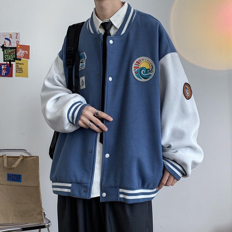 Áo Khoác Bomber Nỉ Bông Thêu Logo Sóng Nổi Varsity Form Rộng Unisex Nam Nữ Phối Phong Cách Ulzzang